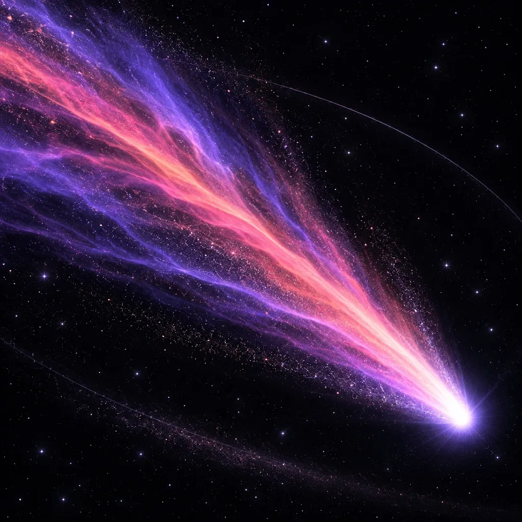 A luminous violet, pink and coral comet crossing a dark star field