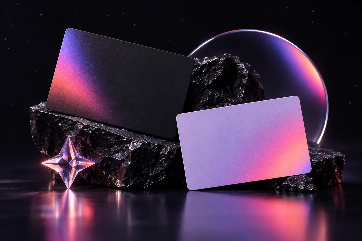Black and lilac brand stationery with iridescent violet and pink accents