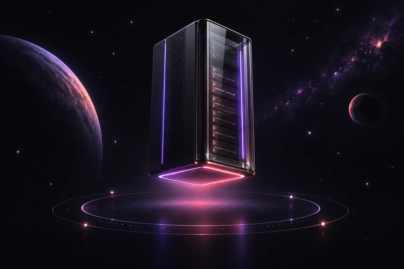 Private AI server with a protective glass shield and violet light accents